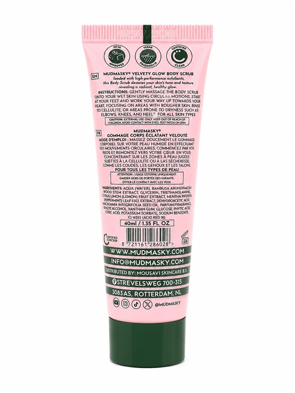 Mudmasky Velvety Glow Body Scrub 1.35 oz Exfoliating Hydrating Made France